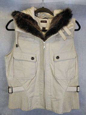 DANIER Hooded Leather Vest Womens S Lined Faux Fur Removable Snap Hat White Punk